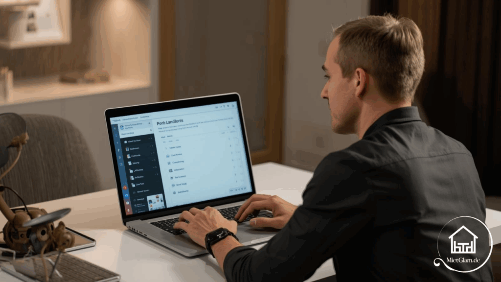 Vermieter sitzt am Laptop, sortiert digitale Anfragen
