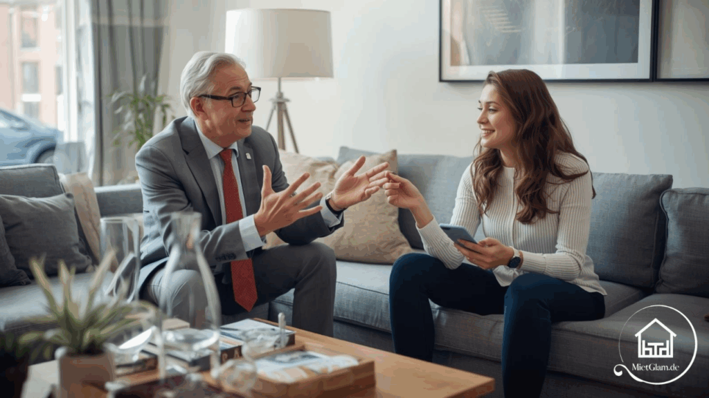 Vermieter und Interessent beim Gespräch im Wohnzimmer